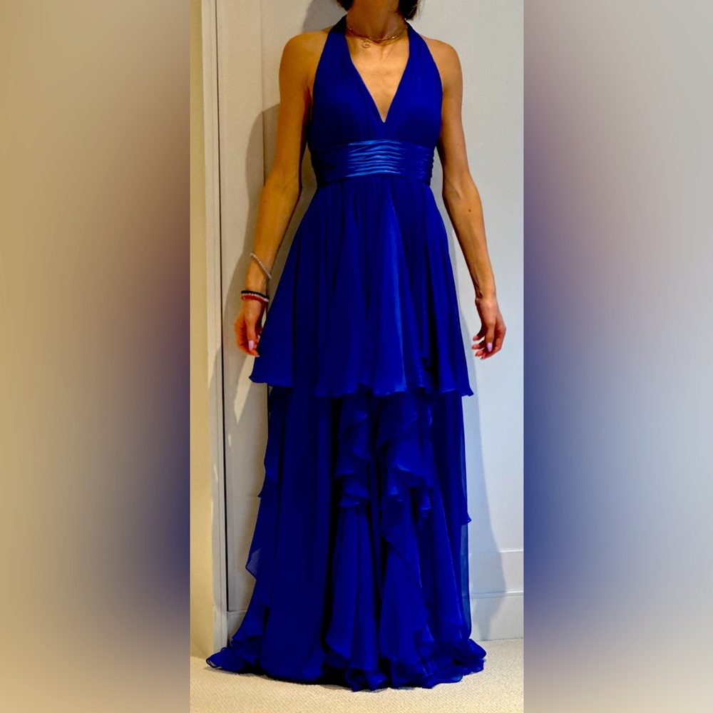 Deep V- Neck Halter Chiffon Dress with Pleats